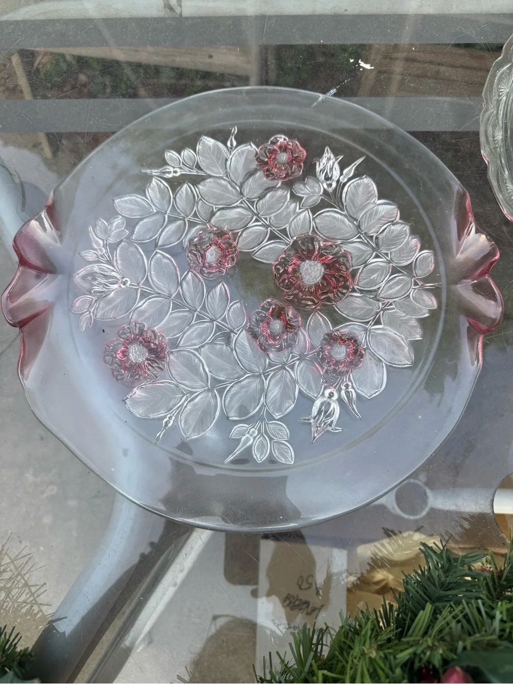 Mikasa Clear Glass Floral Serving Platter with Pink Accents